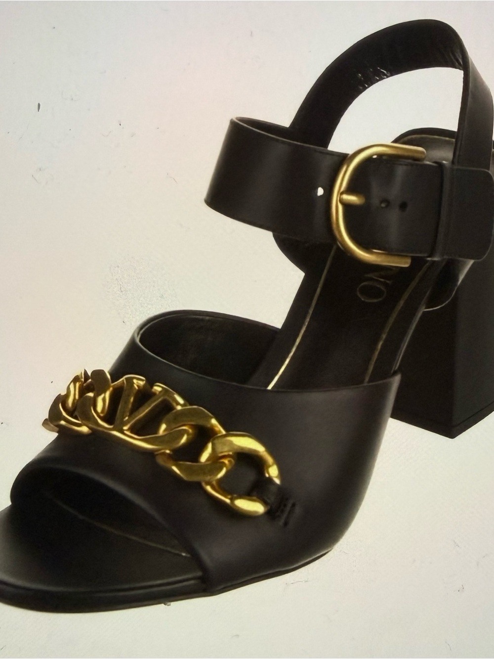 Valentino Black Leather Block Heel Sandal with Gold Chain